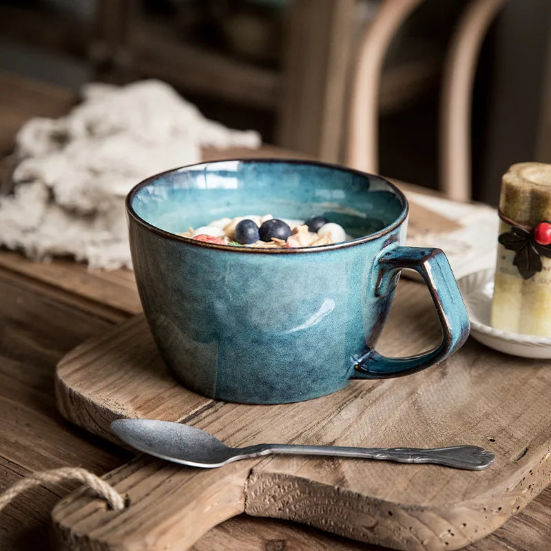 Sydney Blue Large Capacity Cup Home Large Ceramic Oat Cup Vintage Kiln Glazed Breakfast Bowl Mug