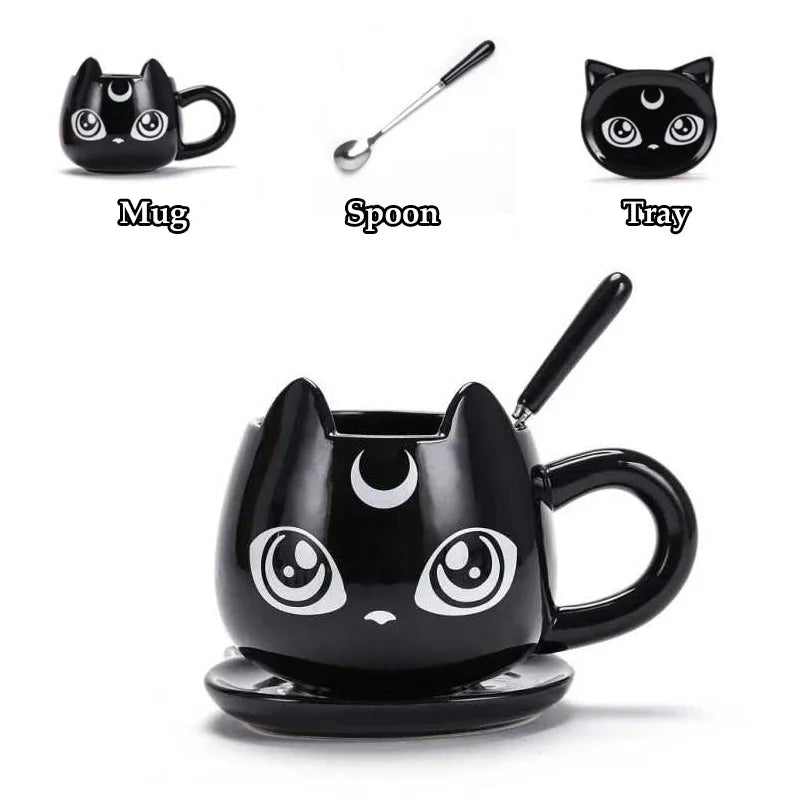 Creative Black Cat Ceramics Mugs Kids Breakfast Milk Cartoon Cups Office Afternoon Tea Coffee Mug With Tray