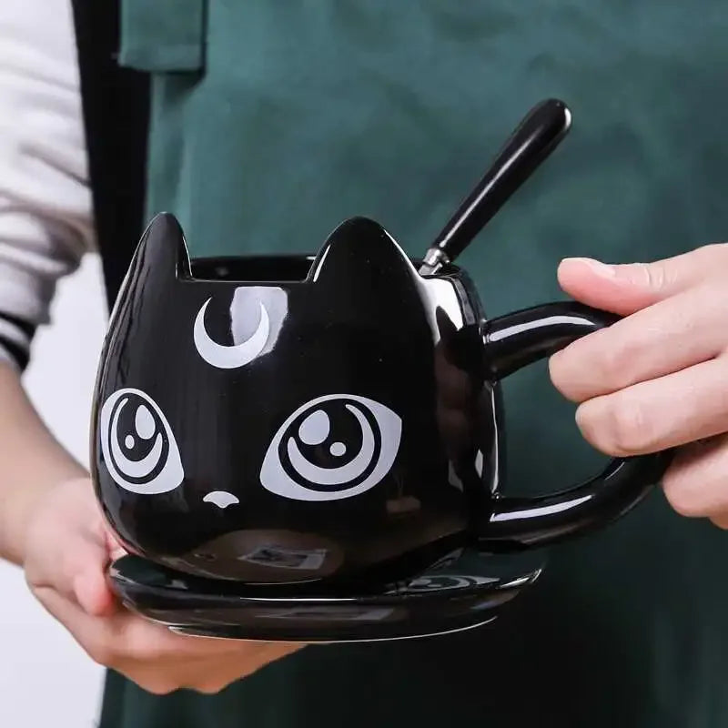 Creative Black Cat Ceramics Mugs Kids Breakfast Milk Cartoon Cups Office Afternoon Tea Coffee Mug With Tray