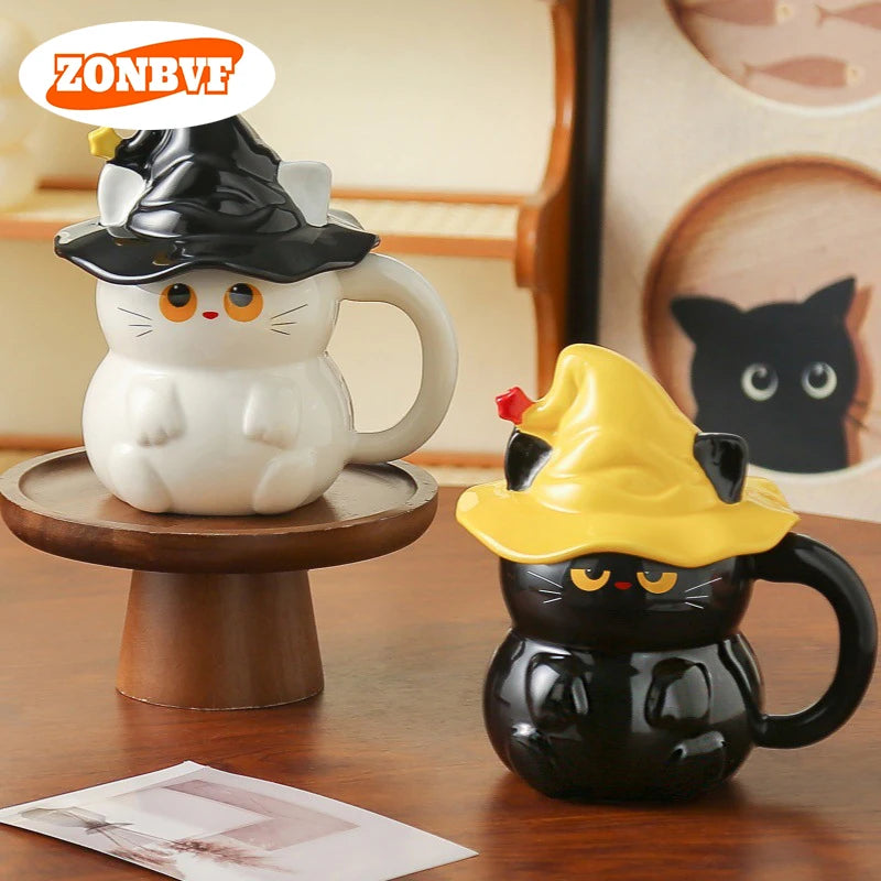 Creative Magic Hat Cat Ghost Ceramic Mugs with Lid Personalized Coffee Cups Couple Milk Cup Breakfast Mug Halloween Gifts