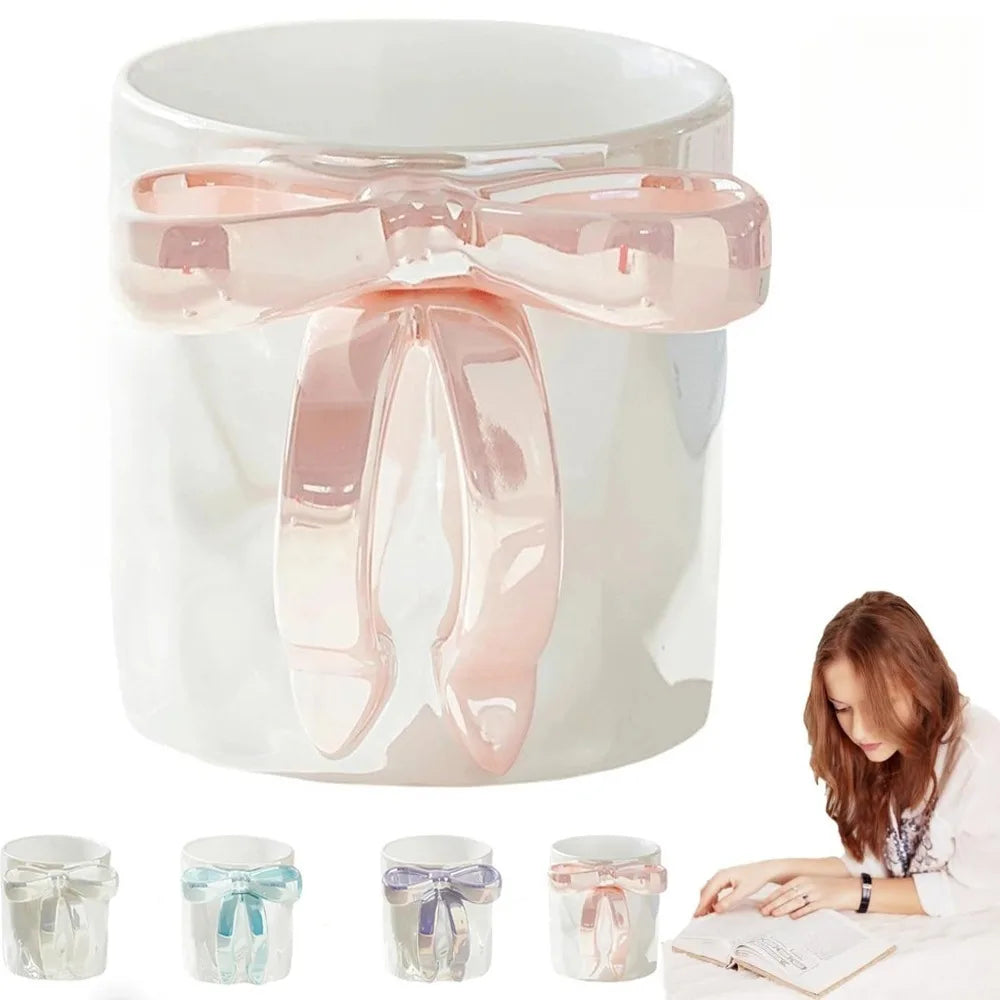 350ml/11oz Bow Mug, Ribbon Glass Ceramic Mug with Ribbon Handle Suitable for Colleagues Valentine's Day Christmas Birthday Gifts