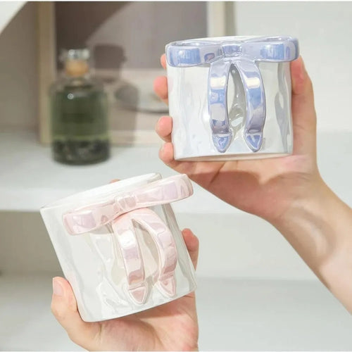 350ml/11oz Bow Mug, Ribbon Glass Ceramic Mug with Ribbon Handle Suitable for Colleagues Valentine's Day Christmas Birthday Gifts