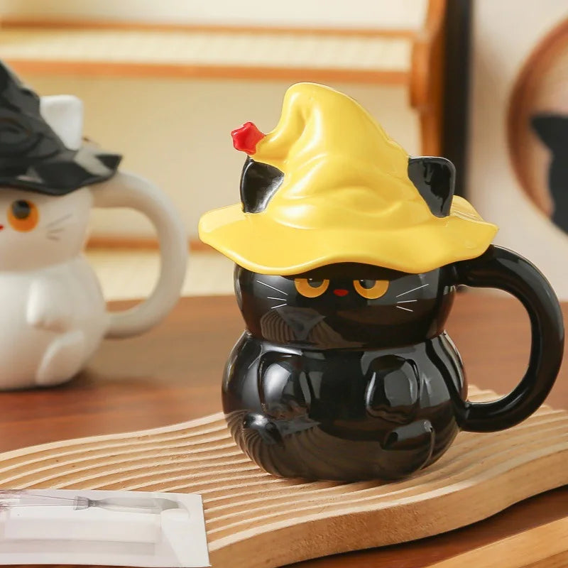Creative Magic Hat Cat Ghost Ceramic Mugs with Lid Personalized Coffee Cups Couple Milk Cup Breakfast Mug Halloween Gifts